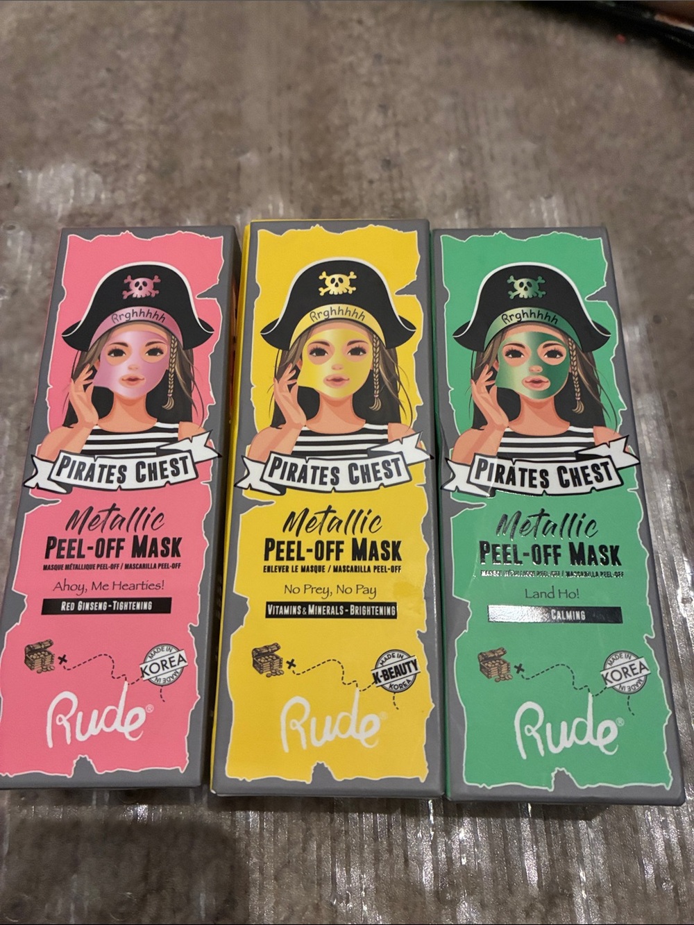RUDE Pirates Chest Metallic Peel-Off Mask Trio — Pink, Yellow, Green